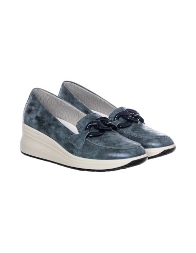 ENVAL SOFT 5760900 mocassini donna con zeppa in pelle blu perla Enval Soft - 1 Enval Soft scarpe donna con rialzo in vera pelle 