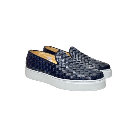 Exton 523 slip on uomo in pelle intrecciata color blu oceano
