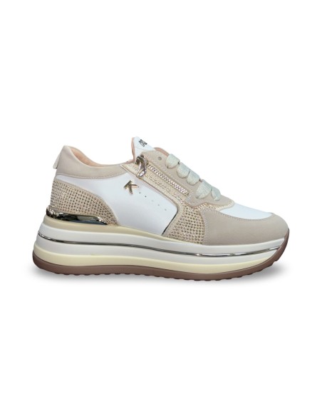 Keys K-11282 sneakers donna in pelle/camoscio beige/bianco/oro