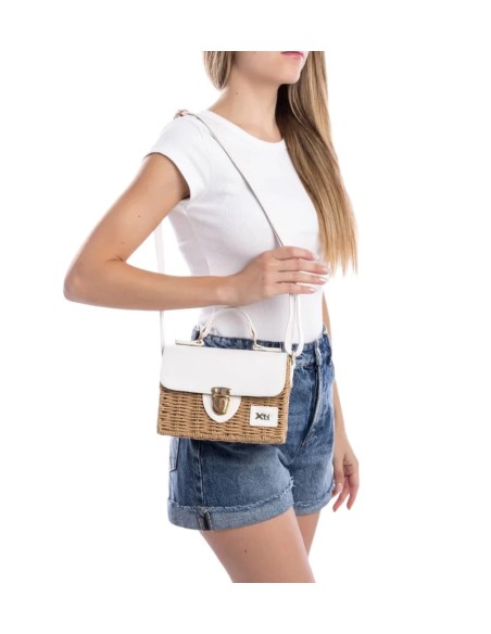 Xti 184429 borsa a tracolla donna in rafia/pelle bianco/beige