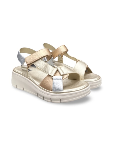 Xti 145398 sandali donna in pelle laminato oro/argento/cipria