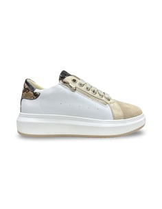 Keys K-13003 sneakers donna in pelle/camoscio bianco/pitonato/beige