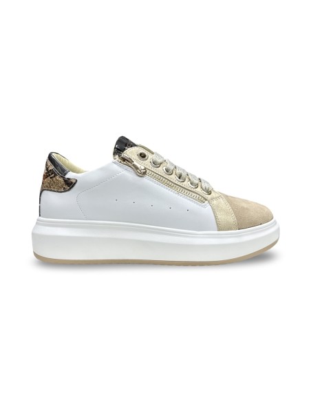 Keys K-13003 sneakers donna in pelle/camoscio bianco/pitonato/beige